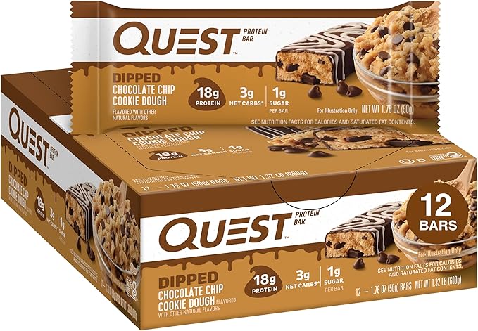 Quest Nutrition Dipped Chocolate Chip Cookie Dough Protein Bars 18g Protein 3g Net Carbs Gluten Free 1.76 Oz 12 Count