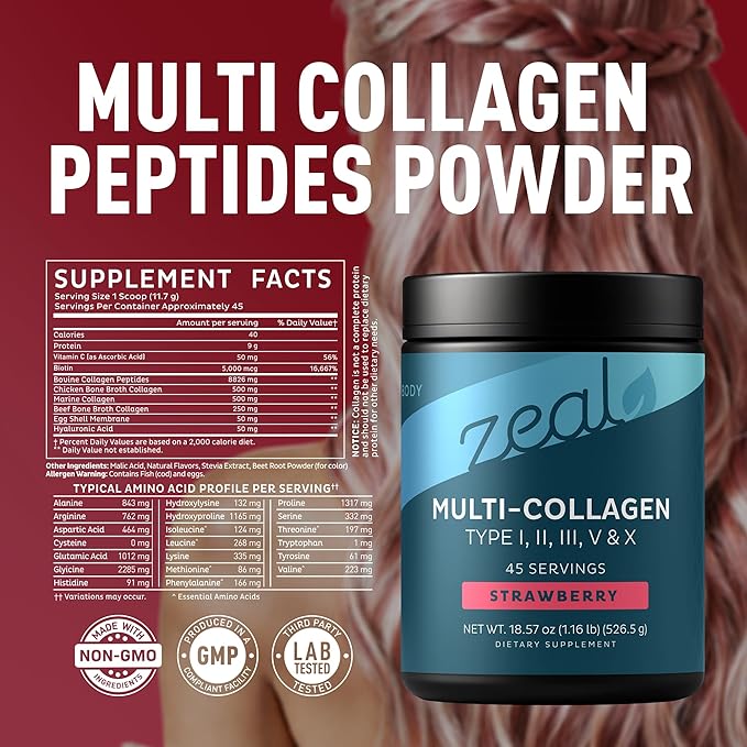 Zeal Naturals Multi Collagen Protein Peptides Powder Types I II III V X - Vitamin C Biotin &amp Hyaluronic Acid - Hair Skin &amp Nails - Marine Bovine Chicken &amp Eggshell - Strawberry 45 Ser