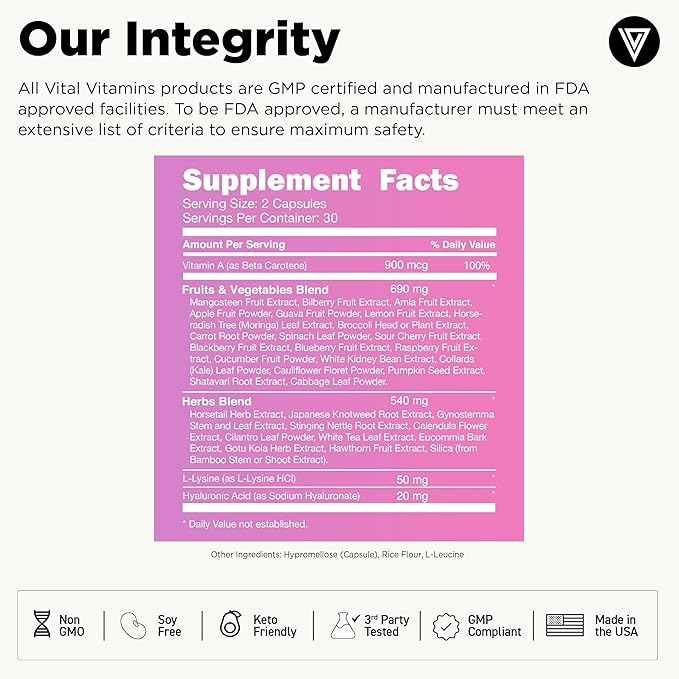 Vital Vitamins Vegan Collagen Booster - with Silica and Hyaluronic Acid - Plant-Based Collagen Supplements - Supports Hair Skin Nails &amp Joints - 60 Capsules