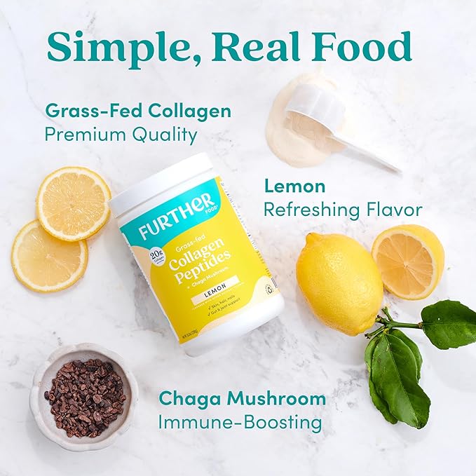 Further Food Lemon Collagen Peptides Powder - 100% Grass-Fed Hydrolyzed Type 1 &amp 3 20g of Collagen per Serving Supports Skin Hair Nails &amp Joints 10.5 Oz