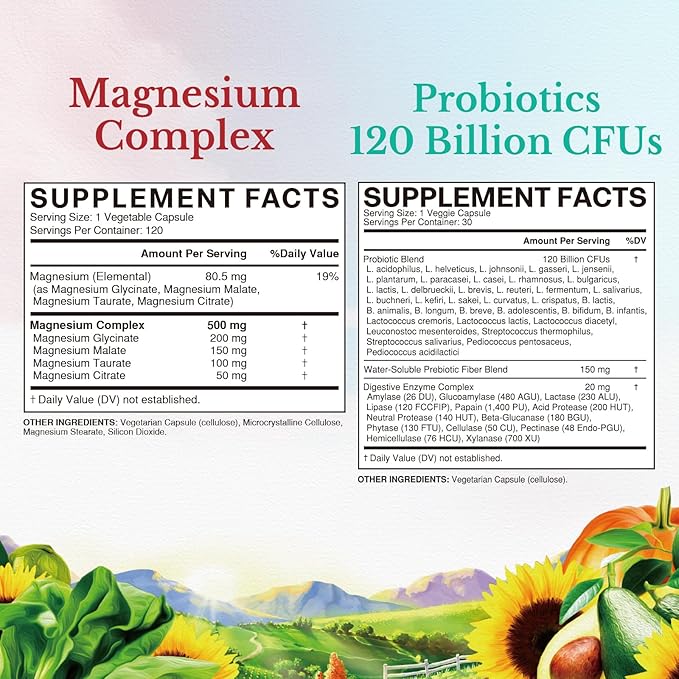 Vitalitown Magnesium + Probiotic Bundle (Pack of 2) | Magnesium Complex (Item 1) &amp Probiotics 120 Billion CFUs (Item 2) | 120 Magnesium Capsules &amp 30 Probiotic Capsules