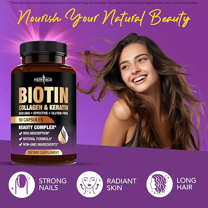 NEW AGE Biotin Collagen Keratin Hyaluronic Acid - 50000mcg Hair Growth Vitamins for Men and Women Nails Hair Skin Vitamins and DHT Blocker with Vitamin E Folic Acid Pumpkin Seed MSM- 270 Count