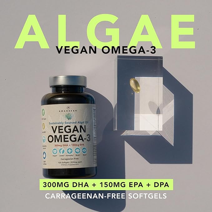 AMANDEAN Vegan Omega 3 Supplement. Premium Fish Oil Alternative. Algae DHA &amp EPA. Carrageenan Free Softgels. Algal Essential Fatty Acids. Plant Based Heart Brain Eye Skin Immune Support. (120c