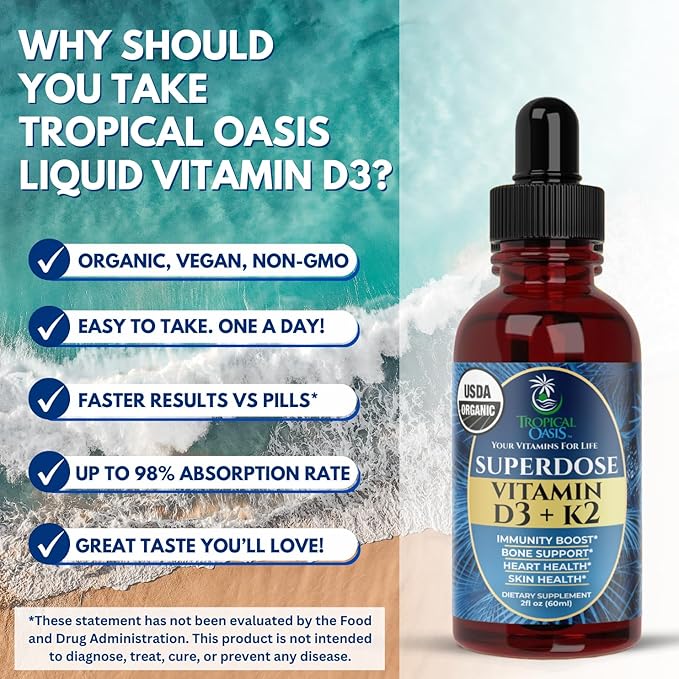 USDA Organic Liquid Vitamin D3 K2 Drops for Adults | Superdose 8000IU Pure Vitamin D3 | 60 Serv | Vitamin D K2 Supplement for Immune Support &amp Bone Health | 98% Absorption | Vegan Non-GMO | 2 Fl