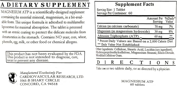 Liposomal Magnesium ATP (Mg30mg ATP60mg) 60 Tablets - 3 Pack - Ecological Formulas/Cardiovascular Research