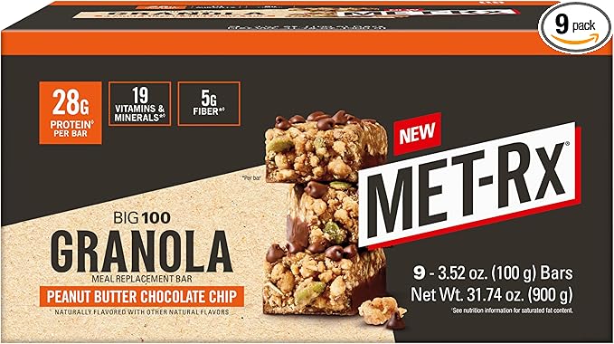 MET-Rx Big 100 Granola Protein Bar Meal Replacement Bar 32G ProteinPeanut Butter Chocolate Chip Pack of 9
