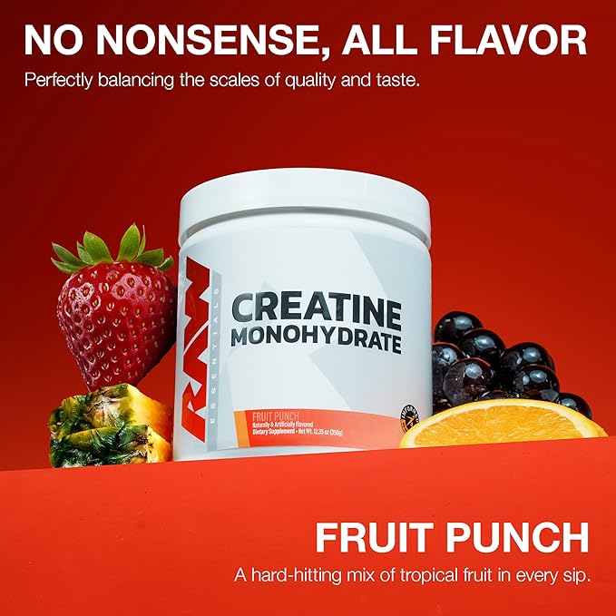 RAW Nutrition Creatine Monohydrate Powder Fruit Punch (30 Servings) - Micronized Creatine Monohydrate Supplement for Workout Performance Build Muscle &amp Strength - Creatine Powder for Men &amp W