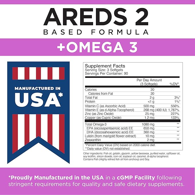 Viteyes AREDS 2 + Omega-3 Macular Support Softgels Plus Triple Strength Omega-3 (650 mg EPA 350 mg DHA) for Heart Health &amp Eye Health Eye Vitamins Vision Supplement 270 Softgels
