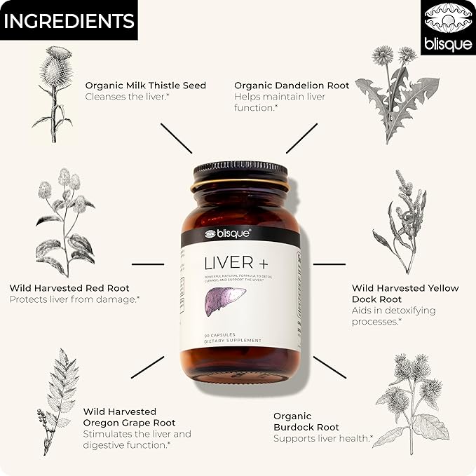 Blisque – Liver Complex Supplement to Detox Cleanse and Repair the Liver | Doctor Approved | Natural Ingredients | Milk Thistle Dandelion and Burdock Root | 90 Capsule Pills