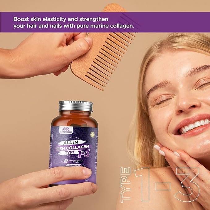 All in Fish Collagen Type 1-3 – Marine Collagen Tablets with Hyaluronic Acid Resveratrol Glutathione Selenium Zinc &amp Vitamins – Hair Skin Joint &amp Nail Support – 90 Tablets