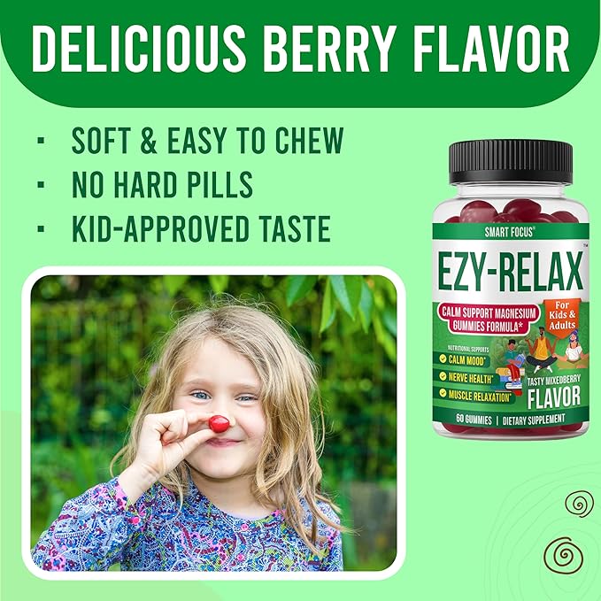 Ezy-Relax Magnesium Gummies for Kids Teen Vitamins – Magnesium Supplements for Men and Women – Calm Gummies for Relax Support – Kids Magnesium Childrens Vitamins – 60 Count