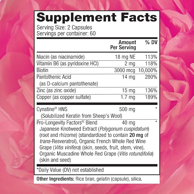 Reserveage Beauty Keratin Hair Booster with Biotin &amp Resveratrol - Hair &amp Nail Growth Supplement for Women - Supports Healthy Thickness &amp Shine with Biotin - 120 Capsules (60 Servings)