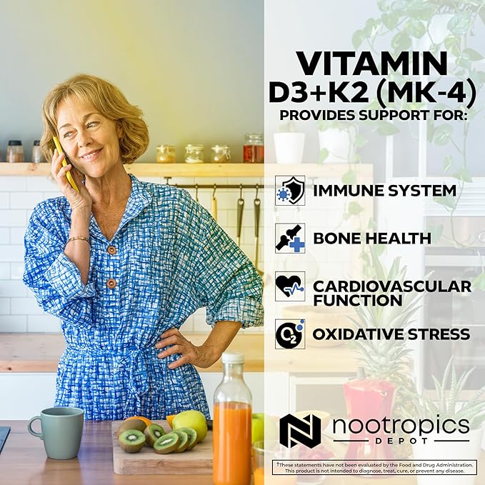 Nootropics Depot Vitamin D3 + K2 with Vitamin C Tablets | 365 Count | Cholecalciferol + Menaquinone-4 (MK-4) | Mood &amp Bone Health | Healthy Calcium Absorption