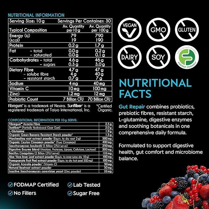 myBrainCo. Gut Repair – Gut Health &amp Digestion Support Powder for IBS Bloating Reflux &amp Leaky Gut – Low FODMAP Certified with Probiotics Prebiotics Enzymes &amp Glutamine – 310g