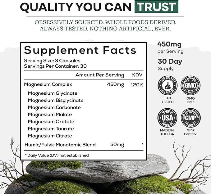 Wild Foods Magnesium Complex Supplement with 7X Forms 90 Capsules | High Absorption Full Spectrum Easy Digestion | 500mg Glycinate Bisglycinate Malate Orotate Citrate Taurate