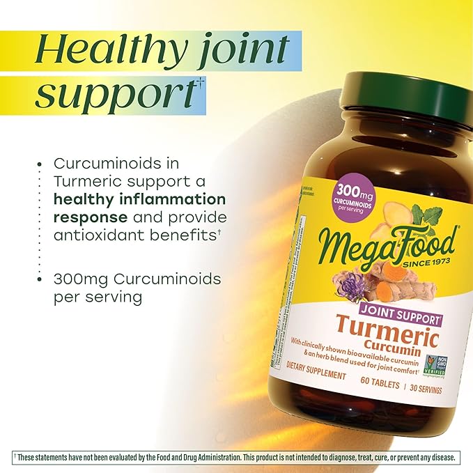 MegaFood Turmeric Curcumin Supplement - Joint Support Supplement Turmeric Curcumin with Black Pepper Boswellia Extract &amp Ginger Root Vegan Non-GMO 60 Tablets (30 Servings)