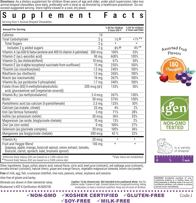 Bluebonnet Nutrition Rainforest Animalz Whole Food Based Multiple Chewable Tablet Kids Multivitamin &amp Mineral Vitamin C D3 Iron Gluten Free Milk Free Kosher 180 Chewable Tablets Mixed Fla