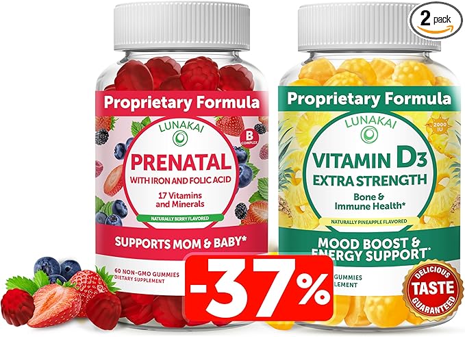 Lunakai Prenatal and Vitamin D3 Gummies Bundle - Pregnancy Multivitamin Gummy with Iron &amp Folic Acid - Immunity Bone and Mood Support Supplement for Adults