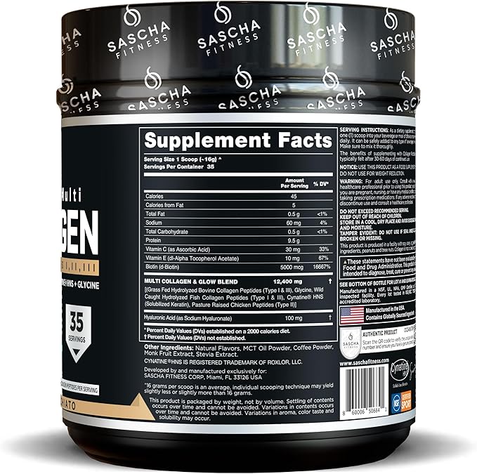 SASCHA FITNESS Hydrolyzed Multi Collagen Peptides Tipes 12 &amp 3 |Hyaluronic Acid|Biotin |Cynatine HSN|Vitamin C &amp E |for Hairs Skin &amp Bone Support|Caramel Macchiato