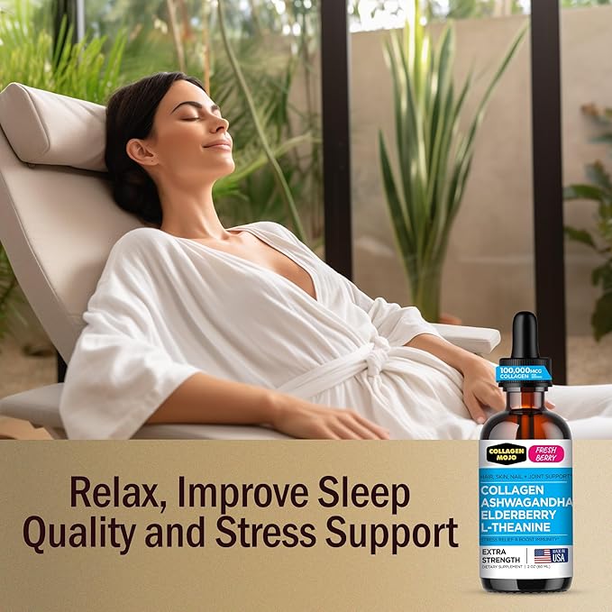 Collagen Mojo - Liquid Collagen for Women &amp Men Collagen Peptides with Ashwagandha Elderberry &amp L-Theanine - Hair Skin Nails Joint &amp Stress Support High Absorption - 100000mcg 2 Oz