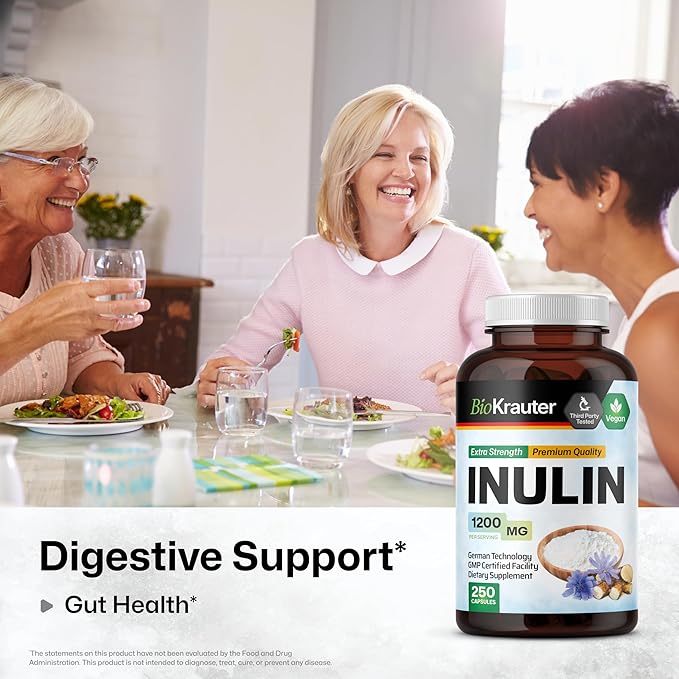 BIO KRAUTER® Inulin Powder from Chicory Root in Capsules 1200 mg per Serving 250 Count - Vegan &amp Pure Inulin Prebiotic Fiber for Gut &amp Digestive Support - No Fillers Non-GMO - 41 Days of Supp