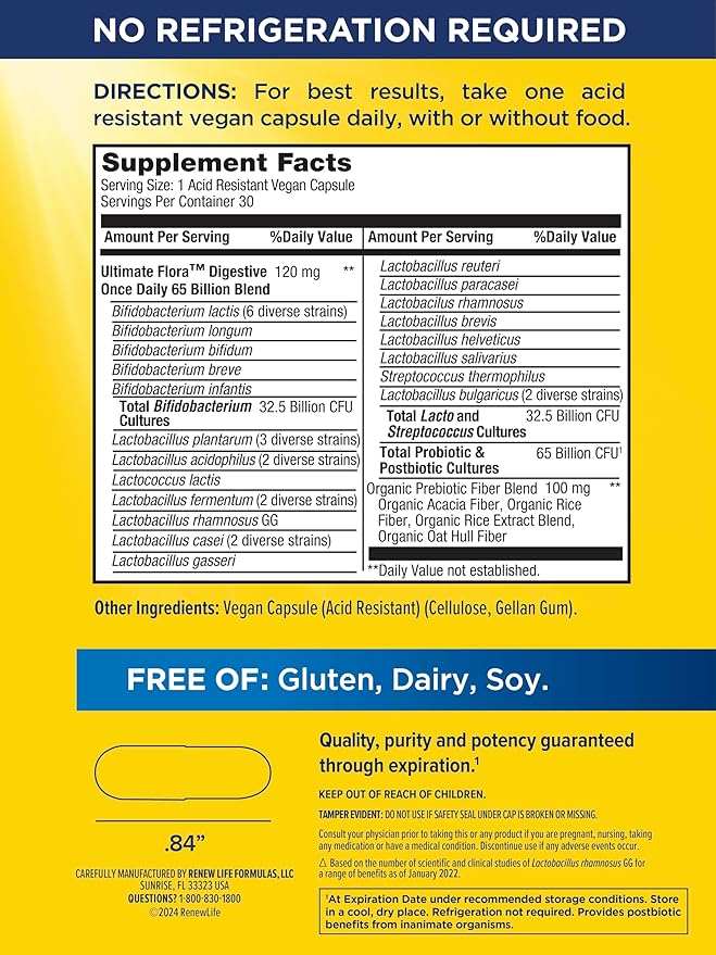 Renew Life Digestive Ultimate Flora Probiotics 65000000000 CFU Delayed Release Vegan Capsules | Once Daily | Digestive Health | Immune Health | Dairy Free | 30 Count
