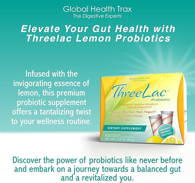 Global Health Trax GHT - ThreeLac Lemon Probiotic Drink Mix for Digestive Health - Advanced Probiotic Powder Formula for Men Women &amp Kids - Immune Support &amp Gut Balance Non-GMO - 60 Packets