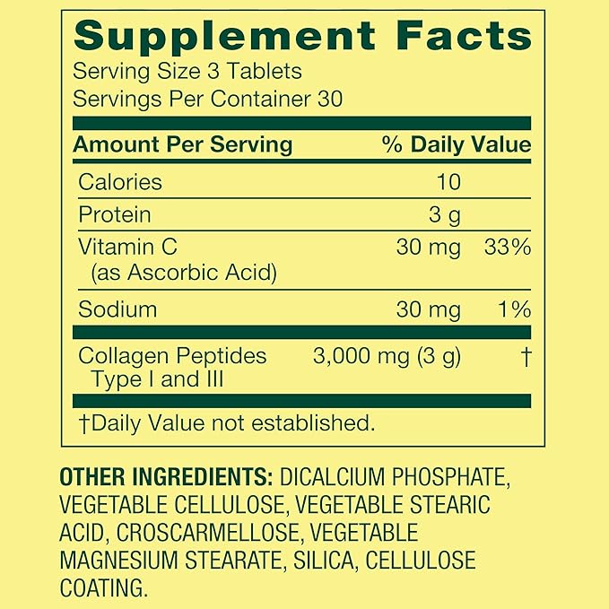 Collagen Type 1 &amp 3 Plus Vitamin C Hair Skin Nails Health Dietary Supplement Tablets 1000 mg 90 Count by Spring Valley (Pack of 1) - Set by Basket Goods