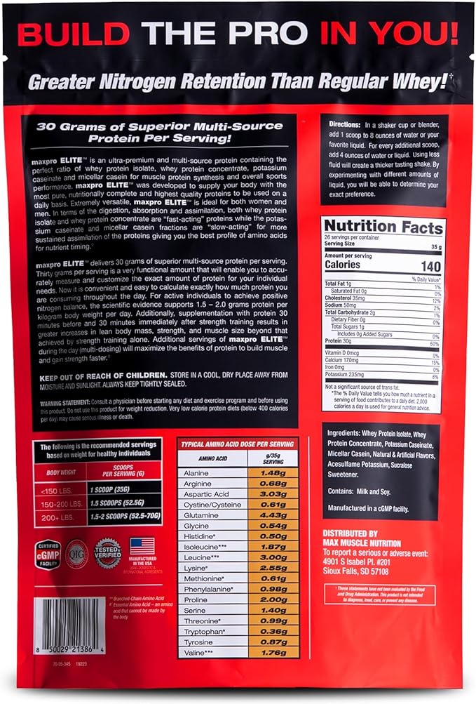 Max Muscle Maxpro Elite Premium Multi-Sourced 30g Whey Protein | Micellar Casein Cold Filtered Whey Isolate Protein Concentrate | Promotes Muscle Growth Strength and Recovery (2lb) (Café Latte 2lb)