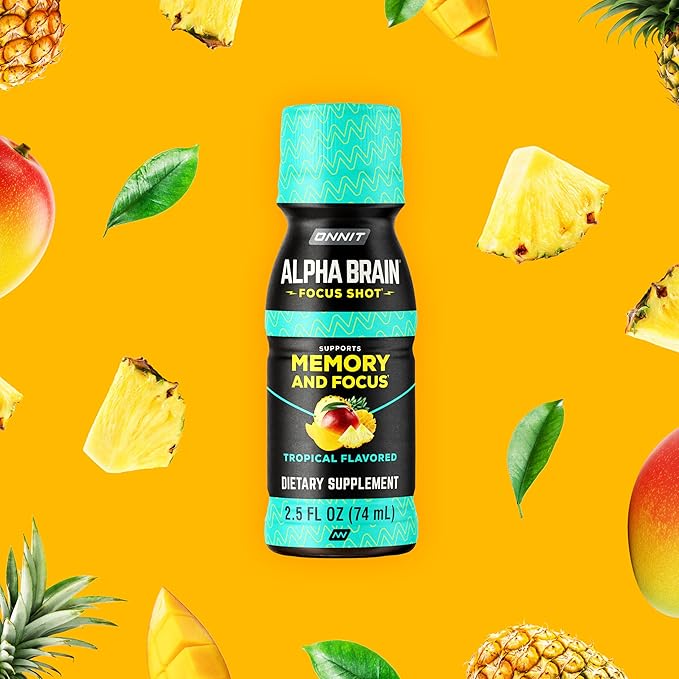 ONNIT Alpha Brain Focus Shot Tropical Flavor Nootropic Dietary Supplement Drink that Supports Energy Focus and Mood IGEN™ Non-GMO Tested 2.5 fl oz 6 Count