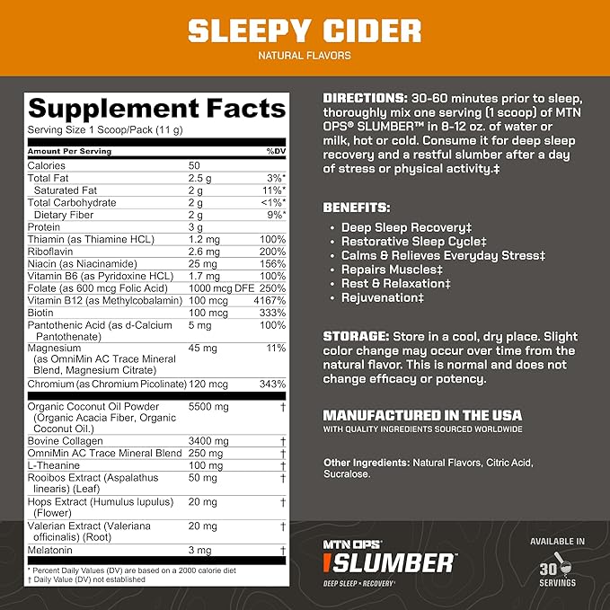 MTN OPS Slumber Sleep Aid for Muscle Recovery &amp Deep Sleep Sleepy Cider Sleep Support Powder Drink Mix 30 Servings
