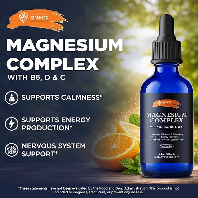 SIRUNES Magnesium Complex Liquid Drops – Magnesium Supplement with Vitamins B6 D3 &amp C – Calm &amp Relaxation Support Energy Production Nervous System Wellness – Alcohol-Free Liquid Magnesium –