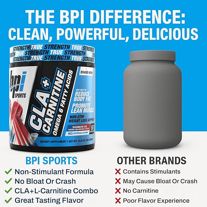 BPI Sports CLA+Carnitine – CLA L Carnitine &amp Linoleic Acid – L Carnitine Supplement for Weight Loss Metabolism &amp Lean Muscle – Caffeine Free – Rainbow Ice – 50 Servings – 12.34 oz
