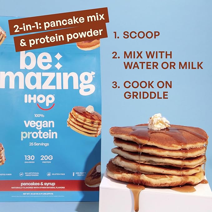 BE AMAZING Vegan Protein Powder IHOP Pancakes &amp Syrup 20g Plant Based Protein with Prebiotic Fiber Low Carb Dairy and Gluten Free Shake Mix No Added Sugar 29.3 oz 25 Servings