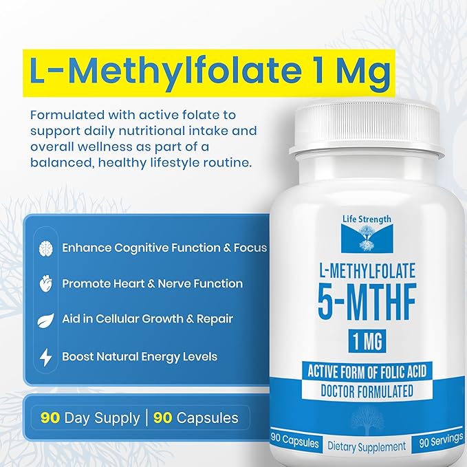 L Methylfolate 1mg | 180 Capsules | Optimized &amp Highly Bioactive Methyl Folate Supplement | 5-MTHF Supports for Energy Focus &amp Mood | Non-GMO Gluten Free Vegan | 6 Month Supply