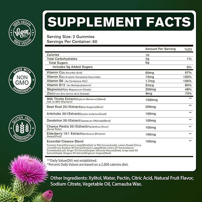 Liver Cleanse Detox &amp Repair - Sugar Free &amp Vegan Gummies Milk Thistle Liver Detox Supplement Supports Liver Detox Ginger Root Choline &amp Dandelion Root Silymarin Infused 120 Gummies