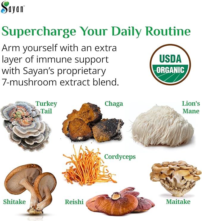 Sayan 7 Mushroom Extract 90 Capsules/440mg ea – Immune Support &amp Energy – Organic Chaga Reishi Lion's Mane Maitake Shiitake Turkey Tail Adaptogen Blend – Vegan Non-GMO No Fillers or Additiv