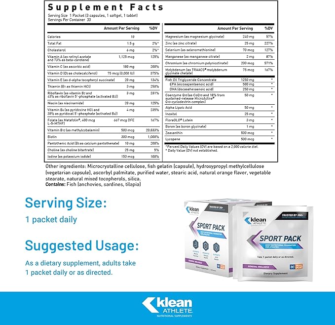 Klean Athlete Klean Sport Pack - Contains Magnesium Glycinate Vitamin D &amp Omega-3 - Supports Muscle Joint &amp Immune Health - NSF Certified - Daily Nutritional Supplement for Athletes - 30 Pac