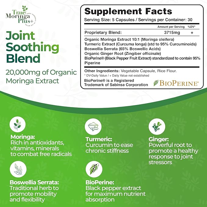True Moringa Plus+ Joint Support Supplement 10:1 Extract | 20000mg of Organic Moringa Turmeric Curcumin Ginger Boswellia BioPerine | Extra Strength Herbal Antioxidant for Adults (150 Capsules)