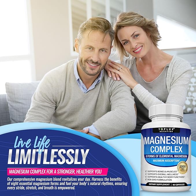 Magnesium Complex Supplement 8 Elemental 1000mg - Magnesium Glycinate Citrate Malate Taurate Chelated for Easy Absorption for Bones Muscle Recovery Energy Vegan Non-GMO 90 Capsules
