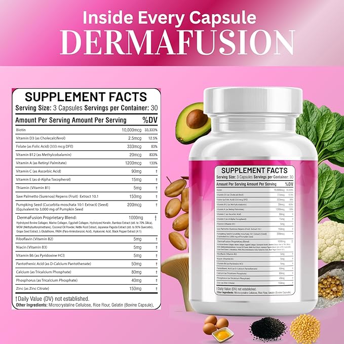 Collagen Complex with Biotin 10000mcg Keratin Saw Palmetto &amp Hyaluronic Acid – Hair Skin &amp Nails Vitamins for Women &amp Men with Pumpkin Seed Vitamin AB12ECED3B2 &amp Zinc – 90 Ct