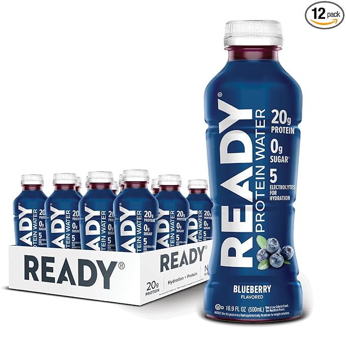 Ready® Clear Protein Water – 20g Whey Protein Isolate Zero Sugar Low-Calorie Sports Drink for Hydration &amp Recovery – Electrolytes Essential Amino Acids – Blueberry 16.9 fl oz Bottles (12-Pack)