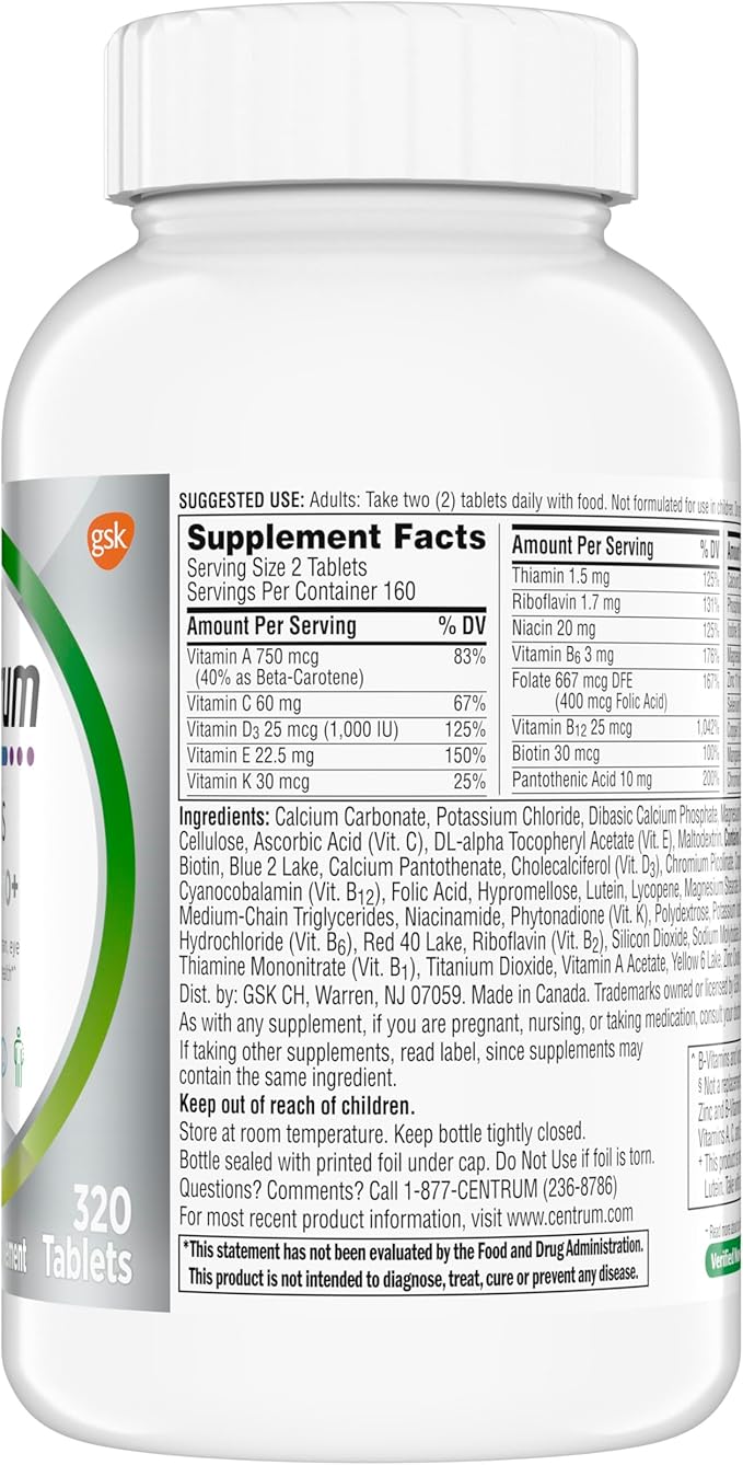 Centrum Minis Silver Multivitamin for Adults 50 Plus Multimineral Supplement Vitamin D3 B-Vitamins Gluten Free Non-GMO Ingredients Supports Memory and Cognition in Older Adults - 320 Ct