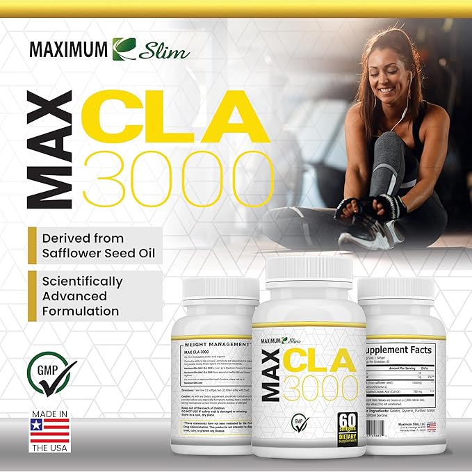Maximum Slim MAX CLA 3000 High Potency Natural Weight Loss Exercise Enhancement Increase Lean Muscle Mass Non-Stimulating Non-GMO 95% Pure CLA 90 Count