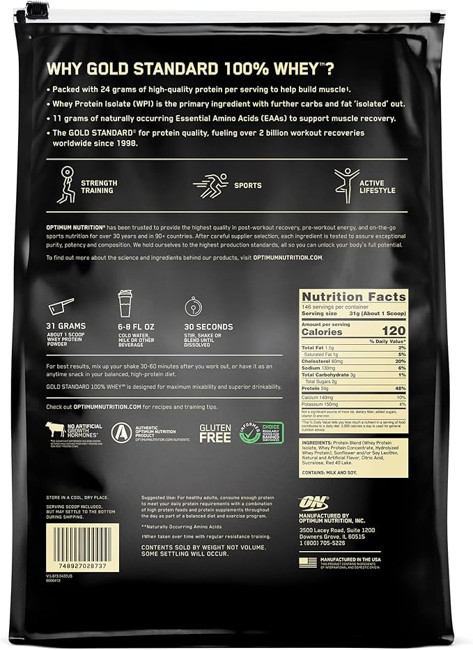 Optimum Nutrition Gold Standard 100% Whey Protein Powder Delicious Strawberry 10 Pound (Packaging May Vary)