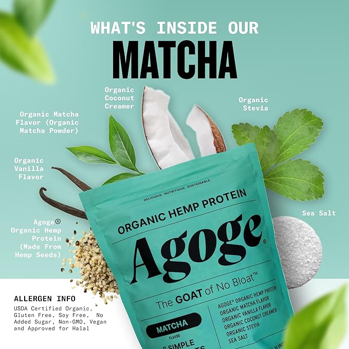 Agoge - USDA Organic Hemp Protein Powder The Goat of No Bloat NSF Certified for Sport All Flavor Essential Amino Acids Plant-Based Gluten Free for Women &amp Men (20 Servings) (Matcha)