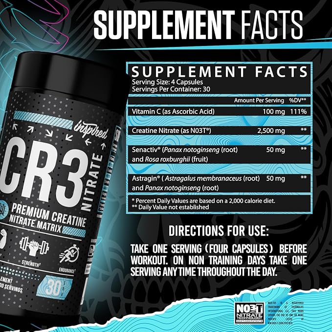 Inspired Nutraceuticals CR3 Creatine Capsules - Advanced Creatine Pills with Nitrates for Zero Bloat Muscle Volume &amp Recovery Support - 30 Servings (120 caps)