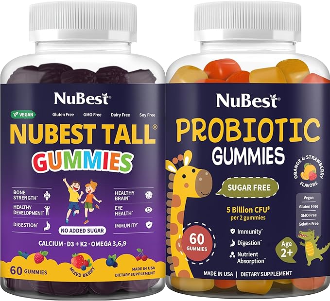 NuBest Bundle Tall Gummies &amp Probiotic Gummies - Daily Nutrition for Bone Growth Brain Growth Eye Health Immunity &amp Digestive Support for Kids &amp Teens