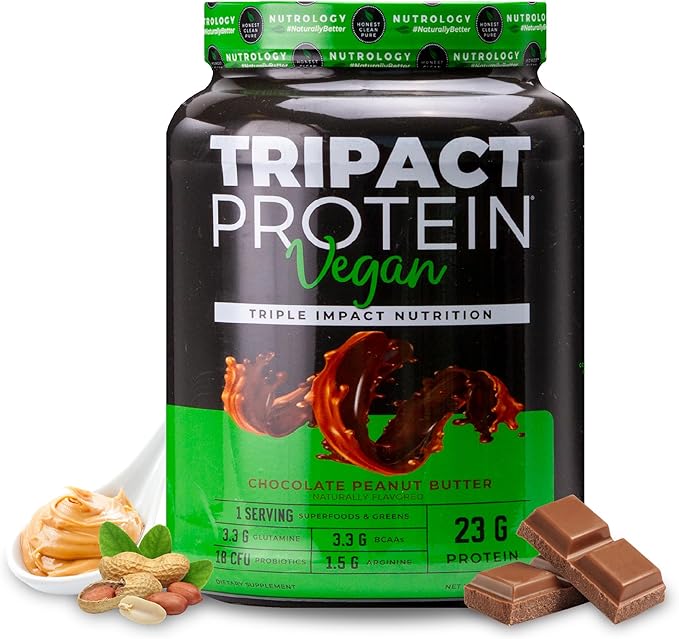 Nutrology TRIPACT Vegan Protein Powder - Organic Pea Rice &amp Pumpkin Protein BCAAs &amp Glutamine Plant-Based Meal Replacement Shakes for Muscle Recovery &amp Immunity Chocolate Peanut Butter