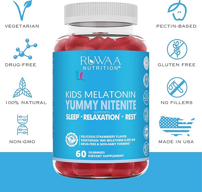 RUWAA NUTRITION Kids Melatonin Gummies 1 mg Safe Drug-Free &amp Effective Natural Sleep Aid for Kids. Children Melatonin Gummy Gluten-Free Vegetarian Restful Sleep Support for Ages 4+. 360ct (6)